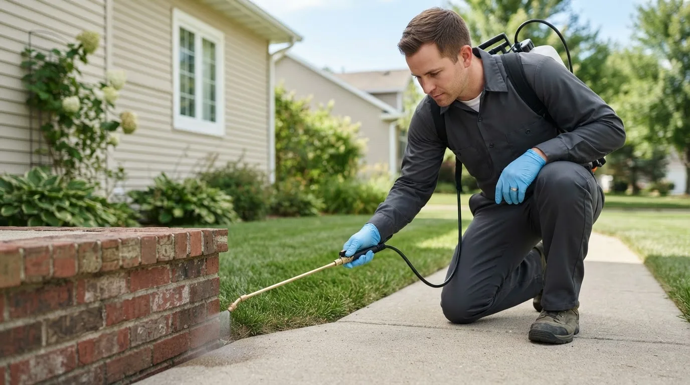 Pest control technician treating a home near Cambridge, OH