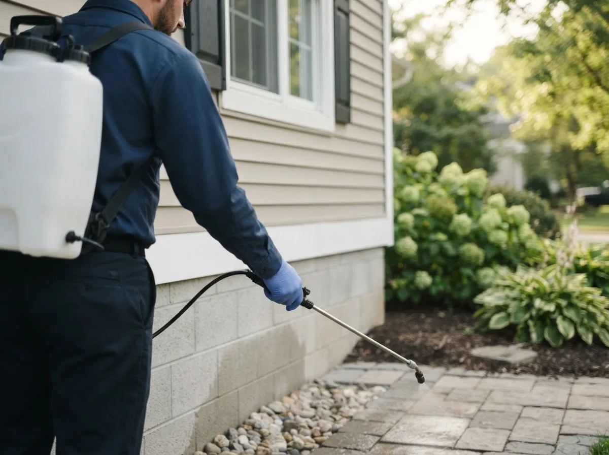 Pest control technician inspecting a home in Cambridge, OH